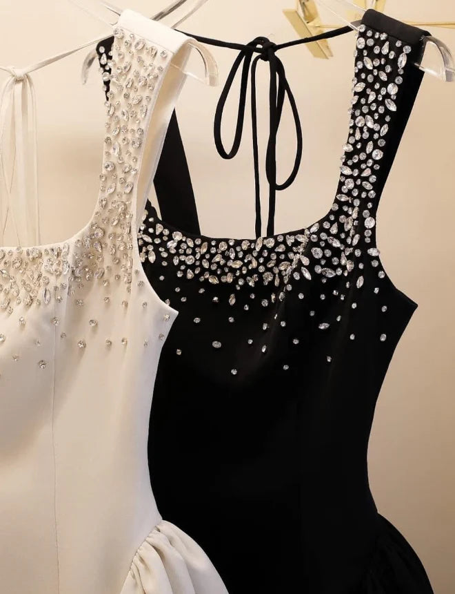 Classic Black Shiny Rhinestone A Line Straps Satin Short Homecoming Dress Cocktail Dress simple gentle atmospheric and unique desi Bring summer colors to enhance whiteness