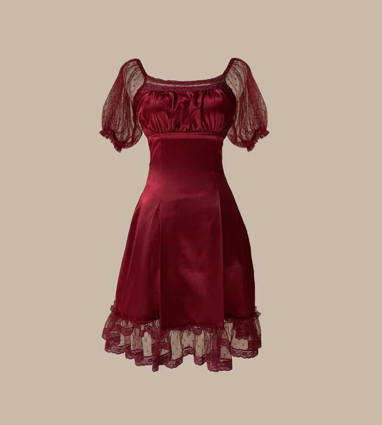 Classic Burgundy A Line Puff Lace Satin Short Homecoming Dress Cocktail Dress simple gentle atmospheric and unique desi Bring summer colors to enhance whiteness