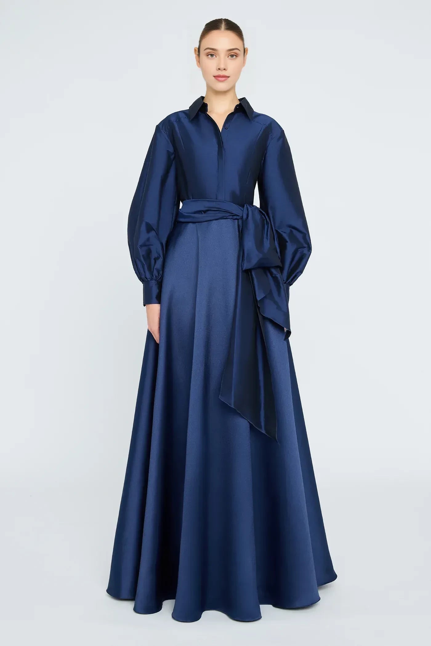 Classy A Line Shirt Neck Bishop Sleeve Belted Back Floor Length Prom Dress