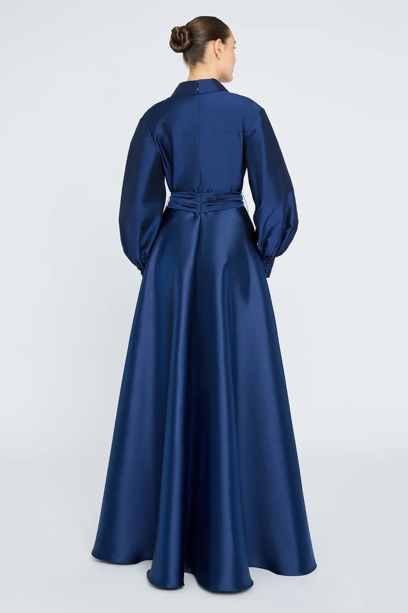 Classy A Line Shirt Neck Bishop Sleeve Belted Back Floor Length Prom Dress