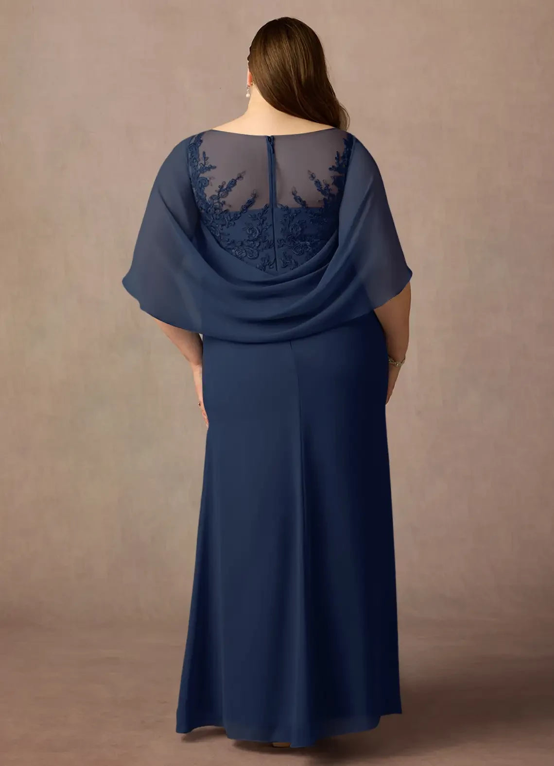 Classy Plus Size Sheath Boat Neck Cape Sleeve Lace Back Floor Length Mother of the Bride Dress