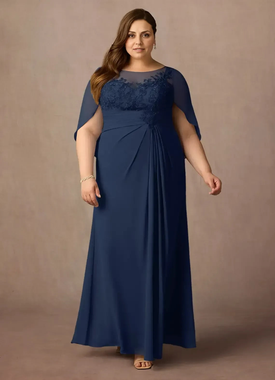 Classy Plus Size Sheath Boat Neck Cape Sleeve Lace Back Floor Length Mother of the Bride Dress