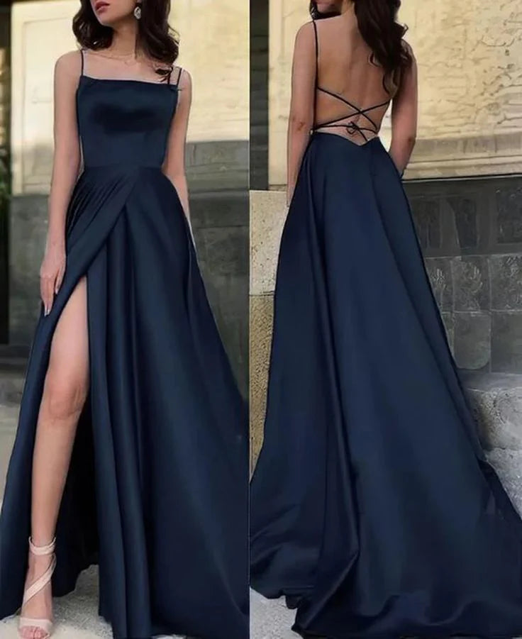Classy A Line Spaghetti Straps Navy Blue Slit Formal Prom Gown Summer Wedding Guest Dress Bridal Guest Dresses Wedding Outfits For Guest  simple gentle atmospheric and unique desi Bring summer colors to enhance whiteness