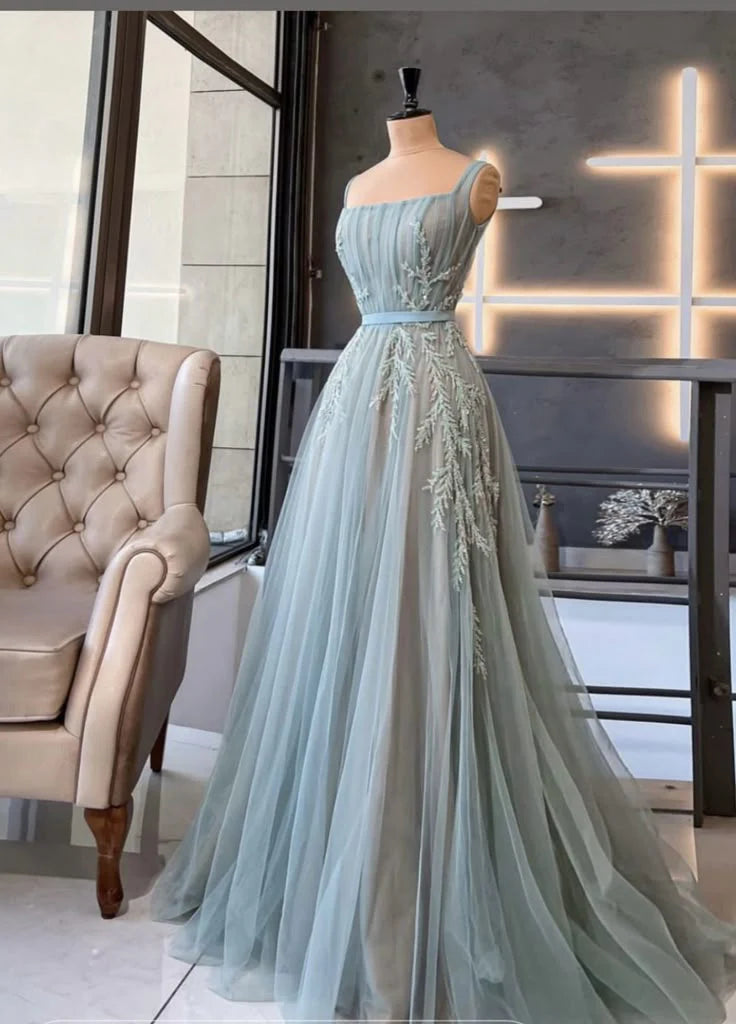 Classy A Line Square Neck Sleeveless Light Sky Blue Tulle Formal Long Prom Gown Summer Wedding Guest Dress Bridal Guest Dresses Wedding Outfits For Guest simple gentle atmospheric and unique desi Bring summer colors to enhance whiteness