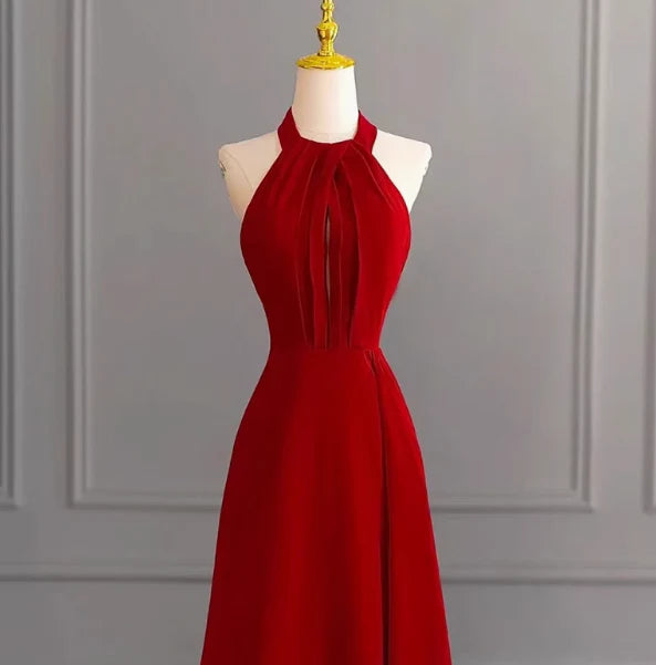 Classy A line Halter Sleeveless Satin Prom Dresses Red Summer Wedding Guest Dresses Wedding Guest Outfits simple gentle atmospheric and unique desi Bring summer colors to enhance whiteness