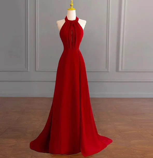 Classy A line Halter Sleeveless Satin Prom Dresses Red Summer Wedding Guest Dresses Wedding Guest Outfits simple gentle atmospheric and unique desi Bring summer colors to enhance whiteness