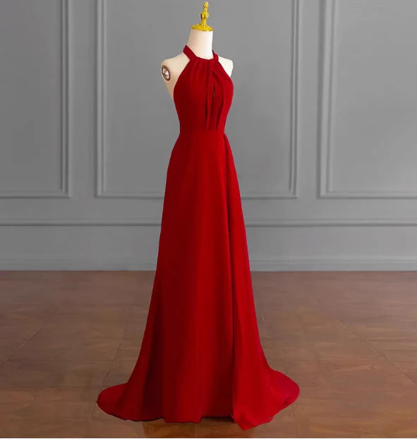 Classy A line Halter Sleeveless Satin Prom Dresses Red Summer Wedding Guest Dresses Wedding Guest Outfits simple gentle atmospheric and unique desi Bring summer colors to enhance whiteness