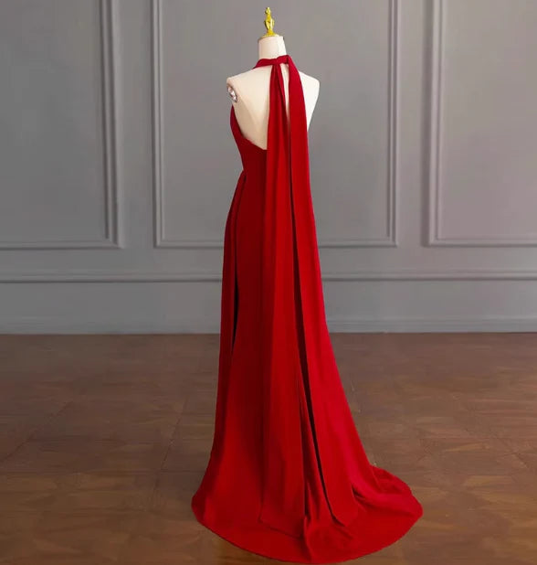 Classy A line Halter Sleeveless Satin Prom Dresses Red Summer Wedding Guest Dresses Wedding Guest Outfits simple gentle atmospheric and unique desi Bring summer colors to enhance whiteness