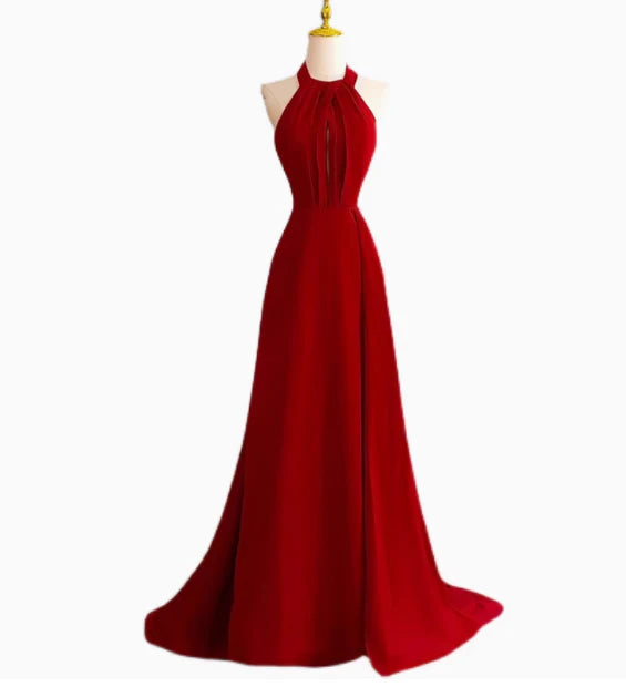 Classy A line Halter Sleeveless Satin Prom Dresses Red Summer Wedding Guest Dresses Wedding Guest Outfits simple gentle atmospheric and unique desi Bring summer colors to enhance whiteness