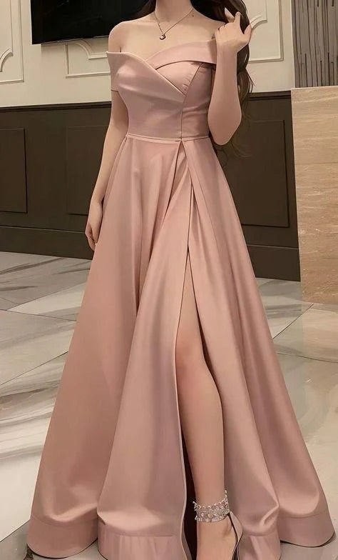 Classy A line Off The Shoulder Blush Pink Slit Formal Long Prom Gown Summer Wedding Guest Dress Bridal Guest Dresses Wedding Outfits For Guest simple gentle atmospheric and unique desi Bring summer colors to enhance whiteness