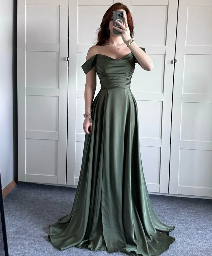 Classy A line Off The Shoulder Olive Green Slit Formal Long Prom Gown Summer Wedding Guest Dress Bridal Guest Dresses Wedding Outfits For Guest simple gentle atmospheric and unique desi Bring summer colors to enhance whiteness