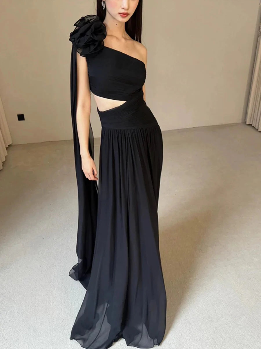 Classy A line One Shoulder Black Chiffon Long Prom Gown Summer Wedding Guest Dress Bridal Guest Dresses Wedding Outfits For Guest simple gentle atmospheric and unique desi Bring summer colors to enhance whiteness