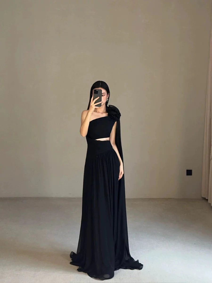 Classy A line One Shoulder Black Chiffon Long Prom Gown Summer Wedding Guest Dress Bridal Guest Dresses Wedding Outfits For Guest simple gentle atmospheric and unique desi Bring summer colors to enhance whiteness