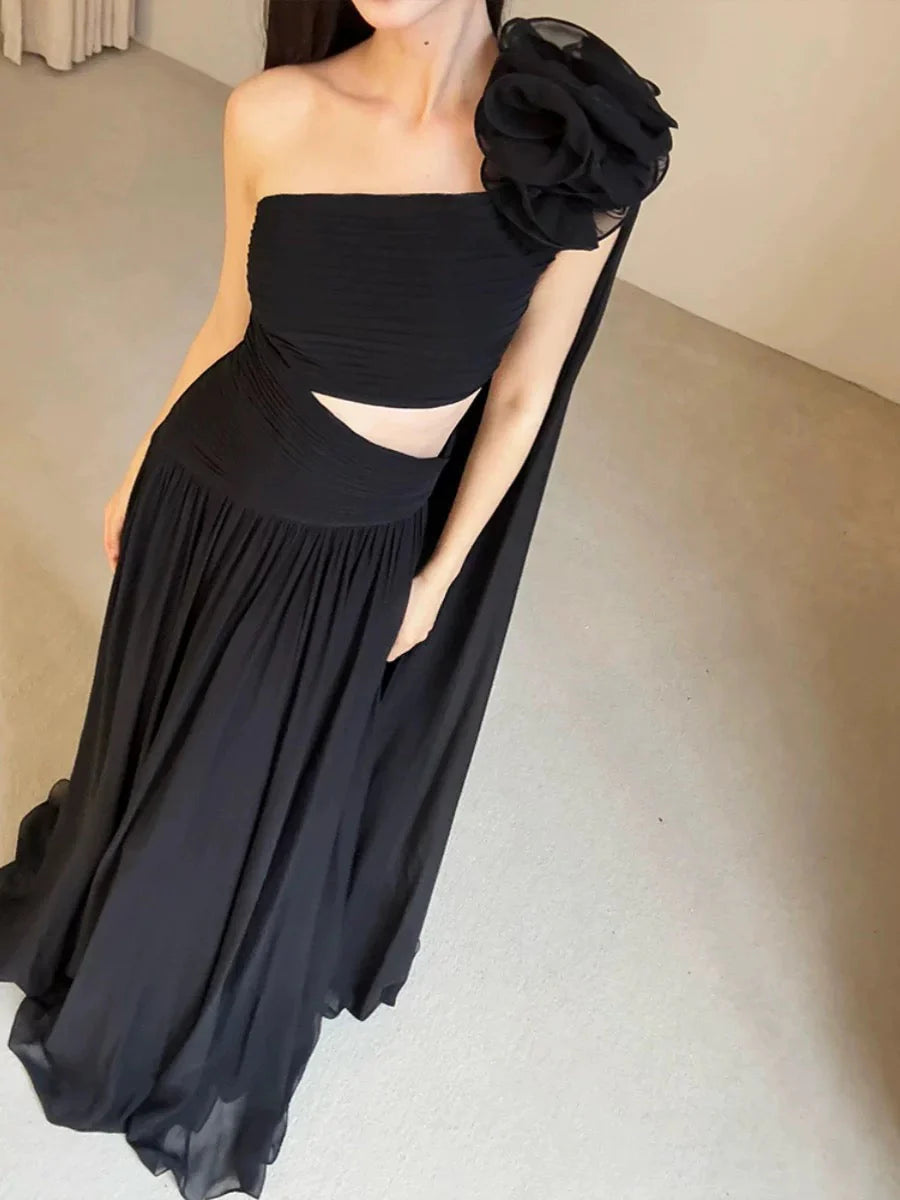 Classy A line One Shoulder Black Chiffon Long Prom Gown Summer Wedding Guest Dress Bridal Guest Dresses Wedding Outfits For Guest simple gentle atmospheric and unique desi Bring summer colors to enhance whiteness