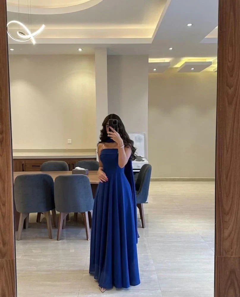 Classy A line Strapless Royal Blue Chiffon Long Prom Gown Summer Wedding Guest Dress Bridal Guest Dresses Wedding Outfits For Guest simple gentle atmospheric and unique desi Bring summer colors to enhance whiteness