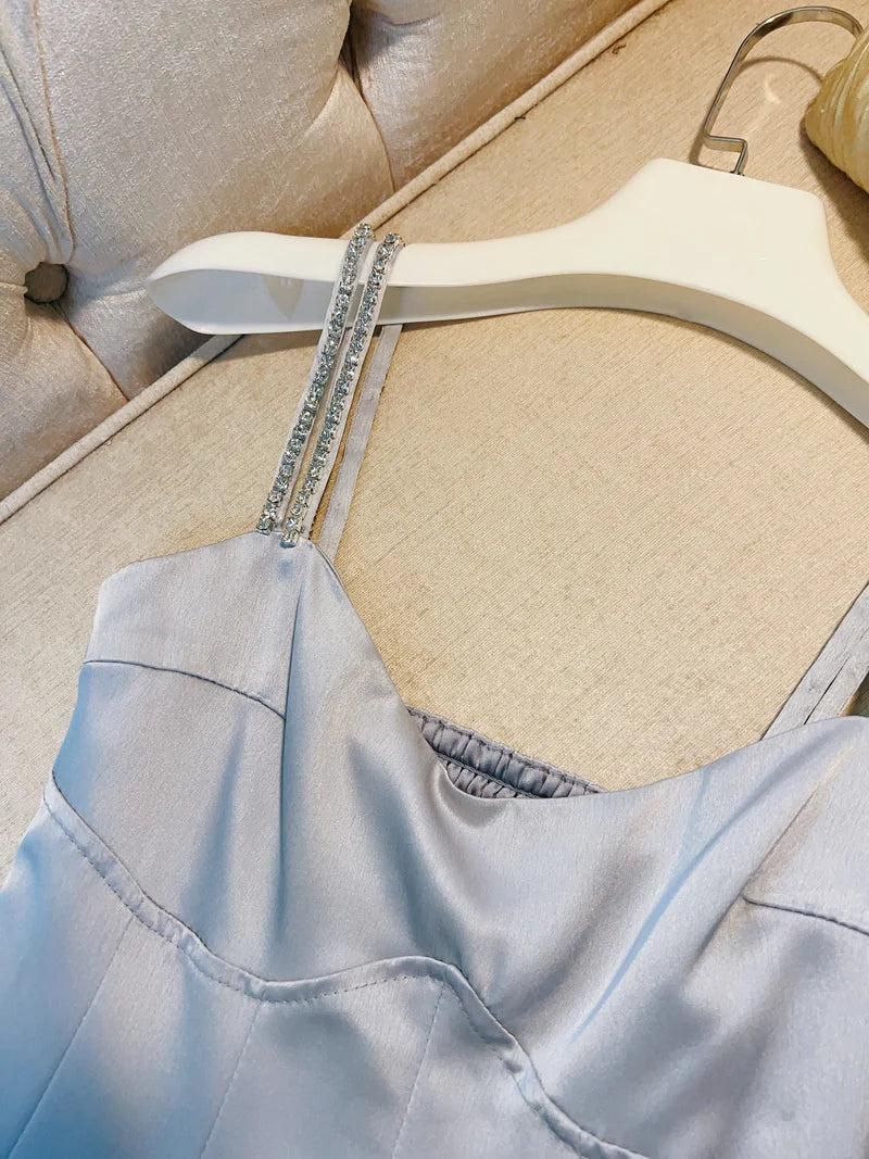 Classy A line Straps Dusty Blue Satin Prom Dresses Formal Summer Wedding Guest Dresses Wedding Guest Outfit  simple gentle atmospheric and unique desi Bring summer colors to enhance whiteness