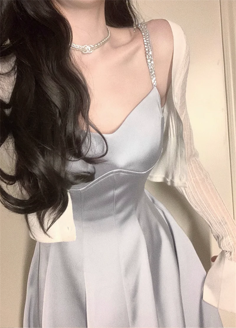 Classy A line Straps Dusty Blue Satin Prom Dresses Formal Summer Wedding Guest Dresses Wedding Guest Outfit  simple gentle atmospheric and unique desi Bring summer colors to enhance whiteness