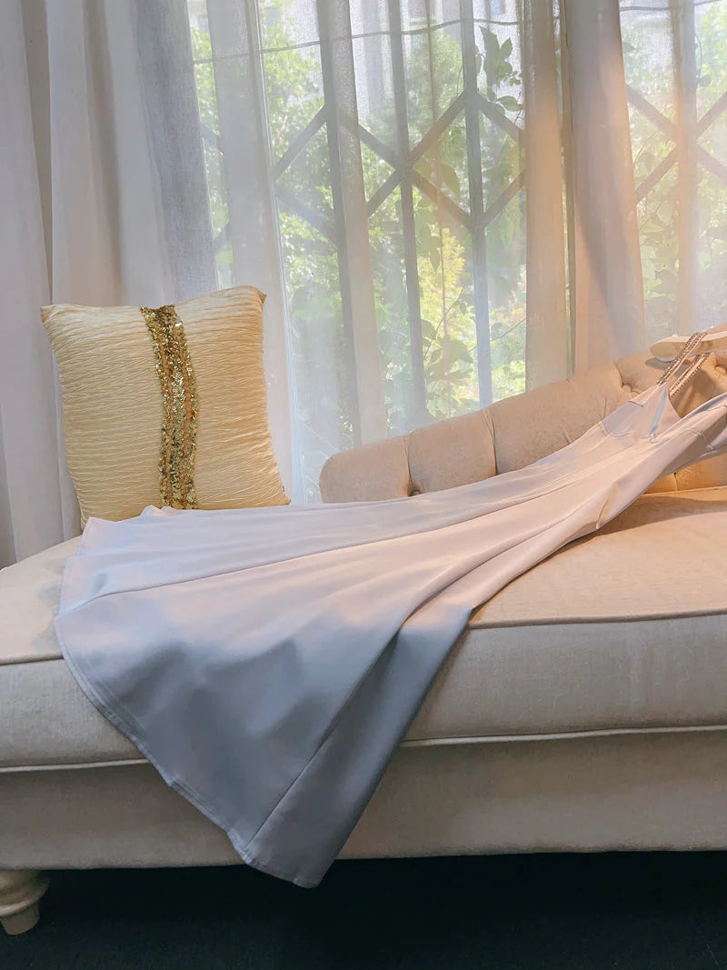 Classy A line Straps Dusty Blue Satin Prom Dresses Formal Summer Wedding Guest Dresses Wedding Guest Outfit  simple gentle atmospheric and unique desi Bring summer colors to enhance whiteness