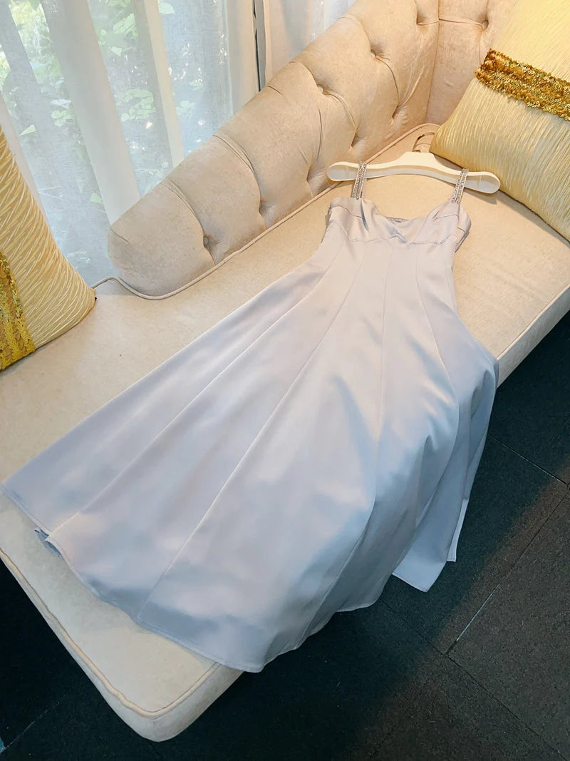 Classy A line Straps Dusty Blue Satin Prom Dresses Formal Summer Wedding Guest Dresses Wedding Guest Outfit  simple gentle atmospheric and unique desi Bring summer colors to enhance whiteness