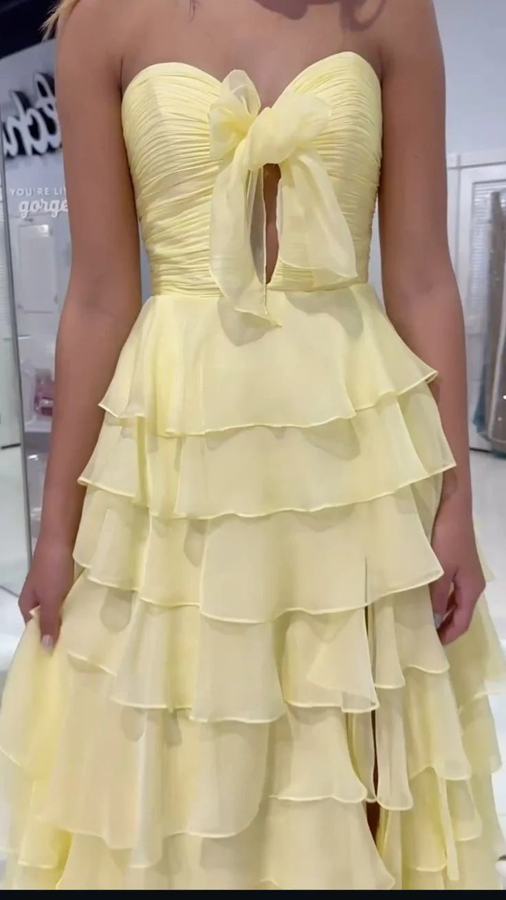 Classy A line Sweetheart Chiffon Slit Light Yellow Long Prom Dresses Formal Summer Wedding Guest Dresses Wedding Guest Outfit  simple gentle atmospheric and unique desi Bring summer colors to enhance whiteness