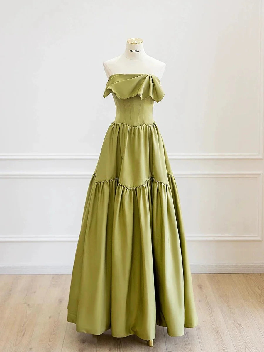 Classy Ball Gown Strapless Satin Olive Green Evening Dress Long Prom Dresses simple gentle atmospheric and unique desi Bring summer colors to enhance whiteness