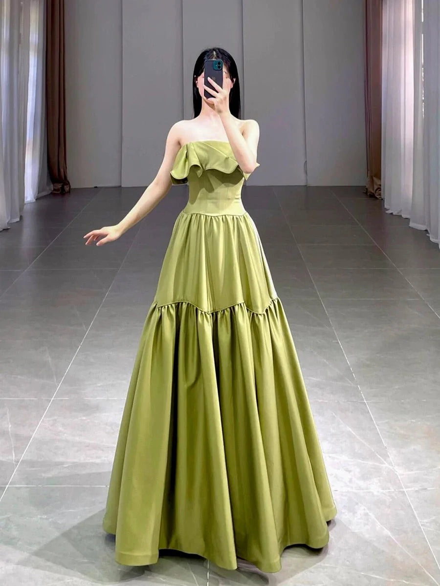 Classy Ball Gown Strapless Satin Olive Green Evening Dress Long Prom Dresses simple gentle atmospheric and unique desi Bring summer colors to enhance whiteness