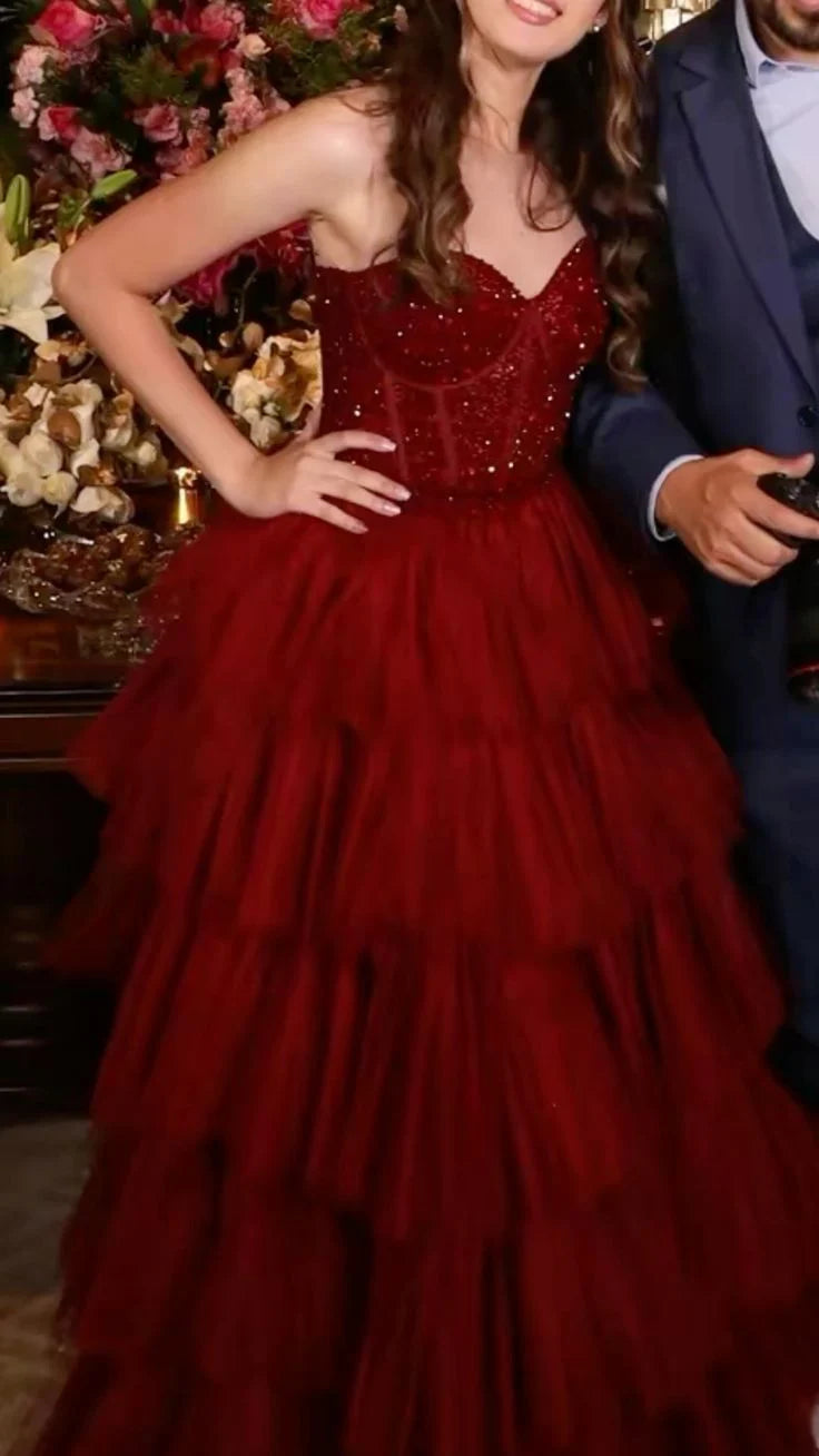 Classy Ball Gown Sweetheart Burgundy Long Formal Prom Gown Summer Wedding Guest Dress Bridal Guest Dresses Wedding Outfits For Guest