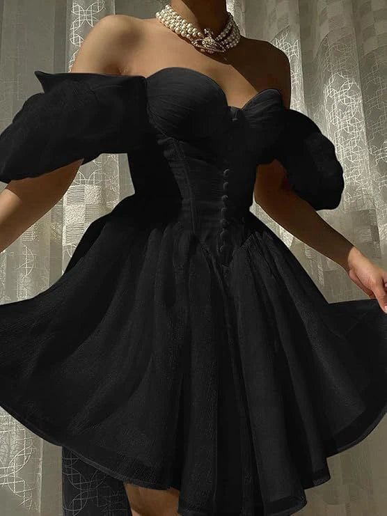 Classy Black Sweetheart Neck Organza Short Party Dress Off The Shoulder Birthday Outfits Homecoming Dress simple gentle atmospheric and unique desi Bring summer colors to enhance whiteness