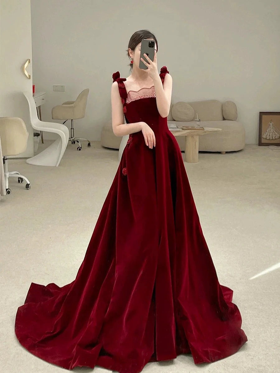 Classy Elegant A line Straps Burgundy Beading Sleeveless Velvet Prom Dresses simple gentle atmospheric and unique desi Bring summer colors to enhance whiteness