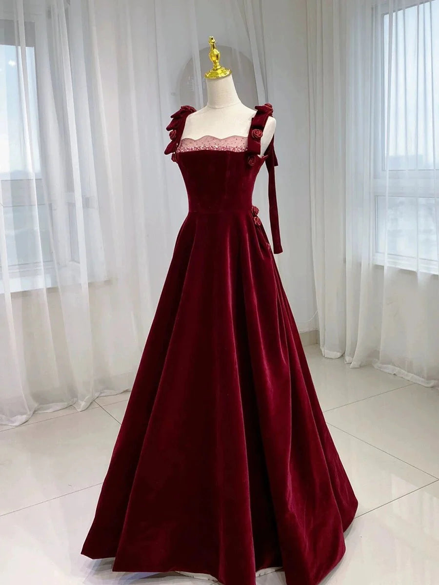 Classy Elegant A line Straps Burgundy Beading Sleeveless Velvet Prom Dresses simple gentle atmospheric and unique desi Bring summer colors to enhance whiteness