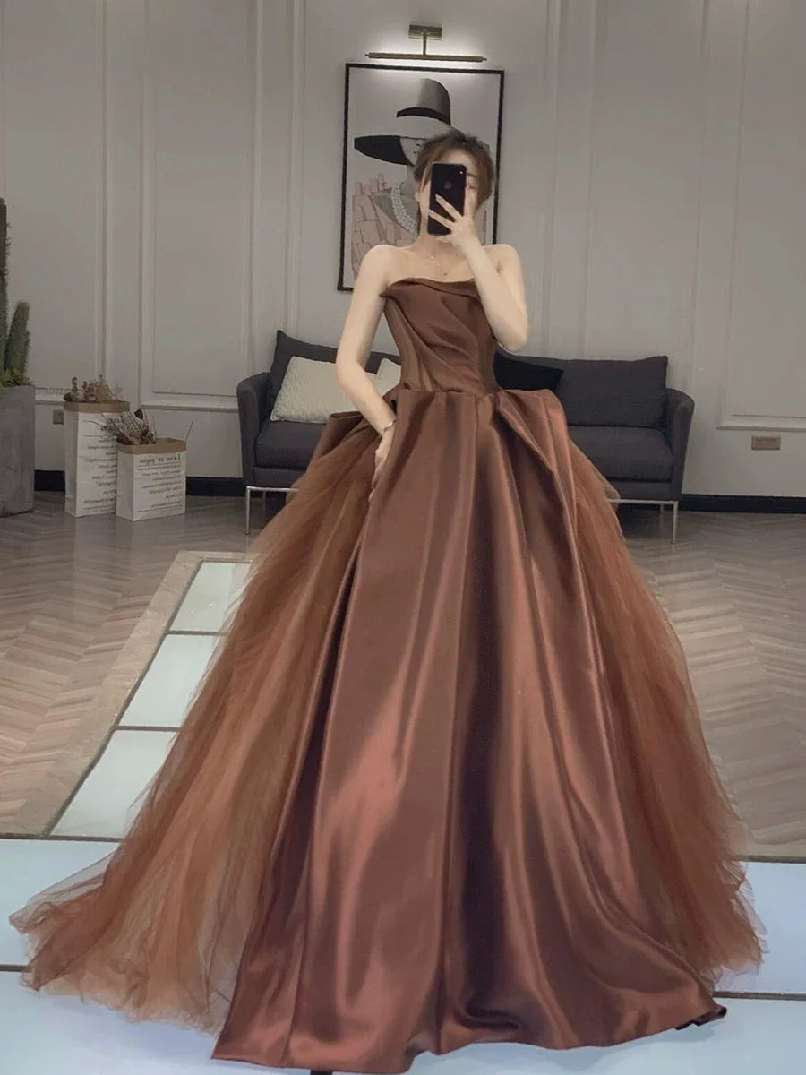Classy Elegant Ball Gown Strapless Brown Tulle Sleeveless Long Prom Dresses simple gentle atmospheric and unique desi Bring summer colors to enhance whiteness