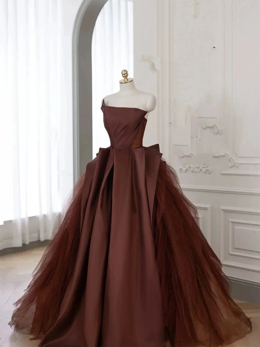 Classy Elegant Ball Gown Strapless Brown Tulle Sleeveless Long Prom Dresses simple gentle atmospheric and unique desi Bring summer colors to enhance whiteness