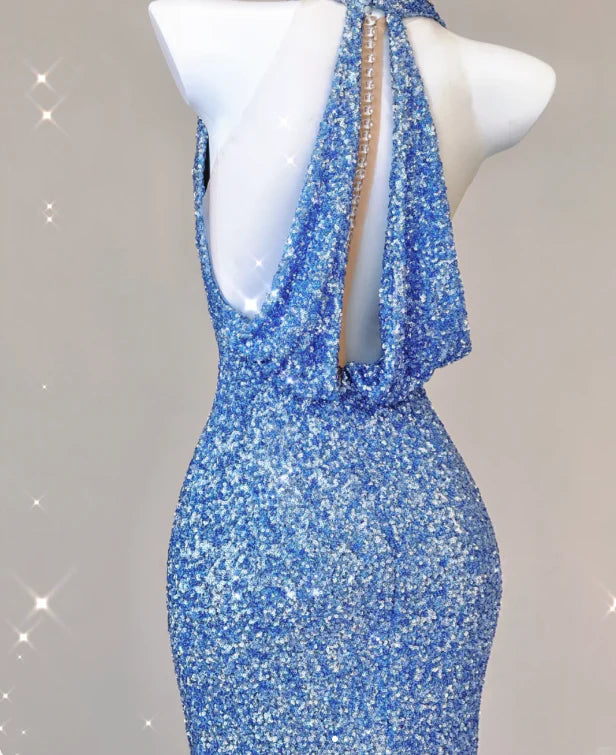 Classy Mermaid Halter V Neckline Blue Sequin Evening Dress Long Prom Dresses simple gentle atmospheric and unique desi Bring summer colors to enhance whiteness