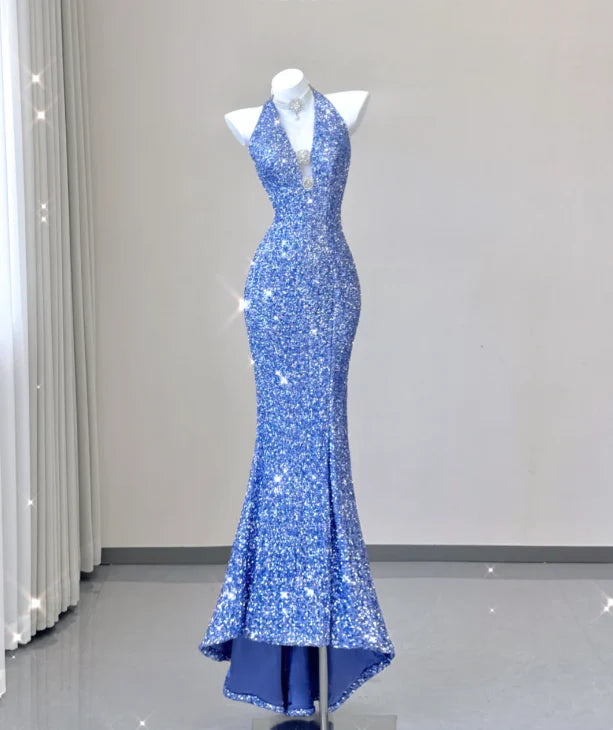 Classy Mermaid Halter V Neckline Blue Sequin Evening Dress Long Prom Dresses simple gentle atmospheric and unique desi Bring summer colors to enhance whiteness