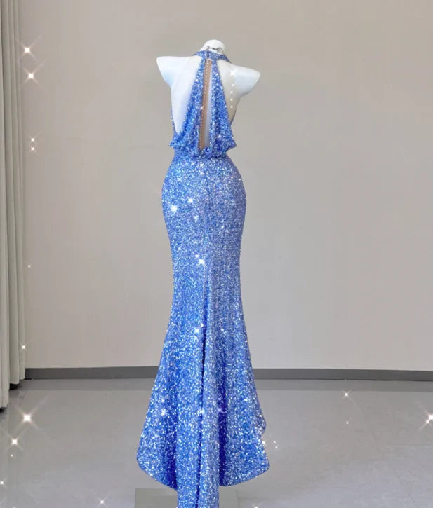 Classy Mermaid Halter V Neckline Blue Sequin Evening Dress Long Prom Dresses simple gentle atmospheric and unique desi Bring summer colors to enhance whiteness