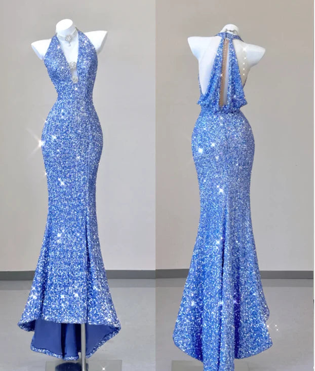 Classy Mermaid Halter V Neckline Blue Sequin Evening Dress Long Prom Dresses simple gentle atmospheric and unique desi Bring summer colors to enhance whiteness