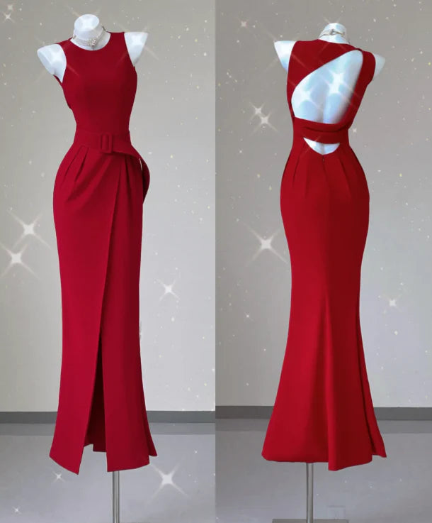 Classy Mermaid Jewel Red Satin Slit Evening Dress Long Prom Dresses simple gentle atmospheric and unique desi Bring summer colors to enhance whiteness