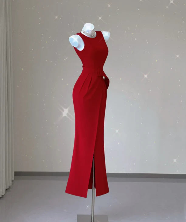Classy Mermaid Jewel Red Satin Slit Evening Dress Long Prom Dresses simple gentle atmospheric and unique desi Bring summer colors to enhance whiteness