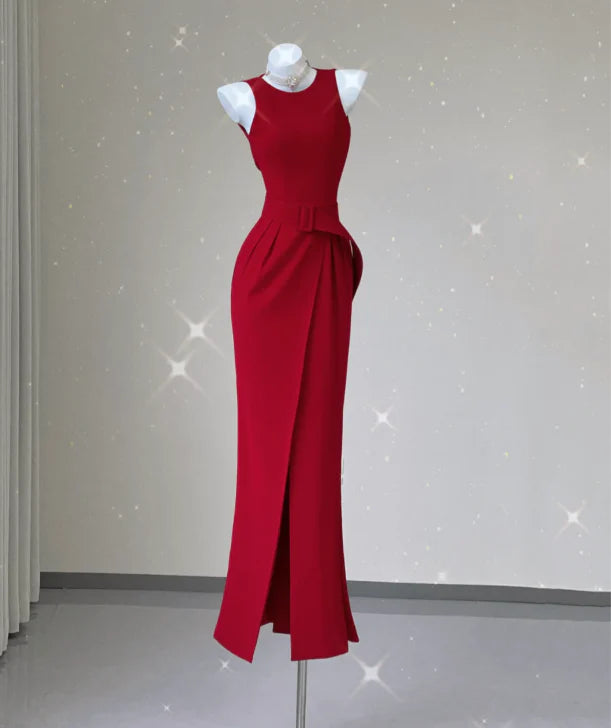 Classy Mermaid Jewel Red Satin Slit Evening Dress Long Prom Dresses simple gentle atmospheric and unique desi Bring summer colors to enhance whiteness