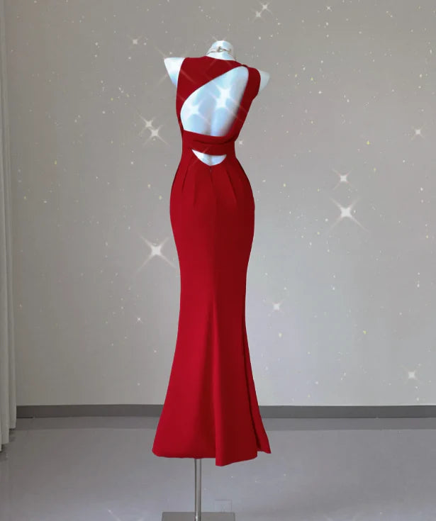 Classy Mermaid Jewel Red Satin Slit Evening Dress Long Prom Dresses simple gentle atmospheric and unique desi Bring summer colors to enhance whiteness