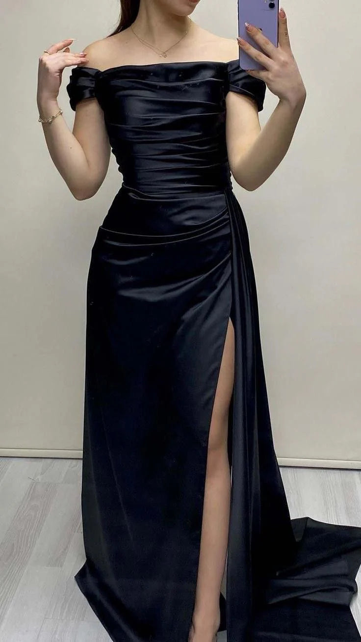 Classy Mermaid Off The Shoulder Black Slit Formal Long Prom Gown Summer Wedding Guest Dress Bridal Guest Dresses Wedding Outfits For Guest simple gentle atmospheric and unique desi Bring summer colors to enhance whiteness