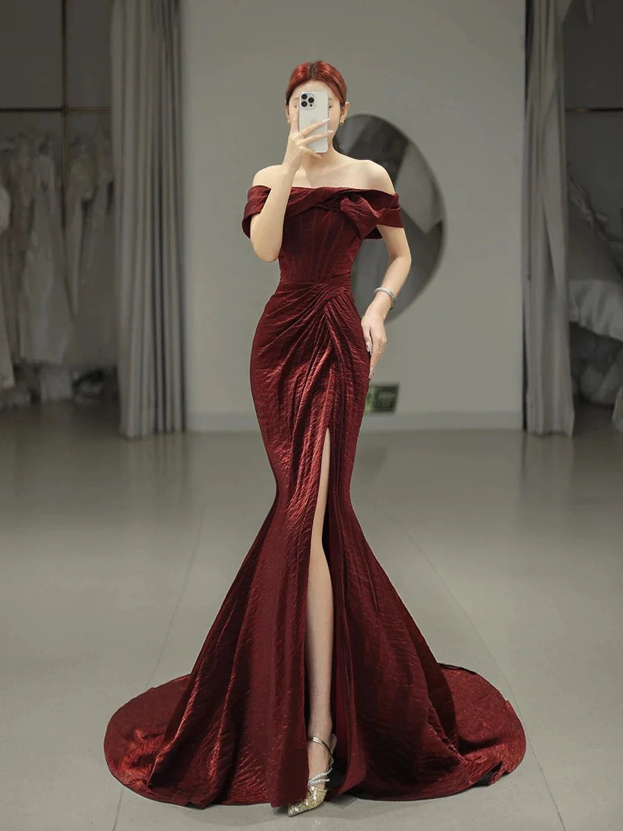 Classy Mermaid Off The Shoulder Burgundy Satin Slit Evening Dress Long Prom Dresses simple gentle atmospheric and unique desi Bring summer colors to enhance whiteness