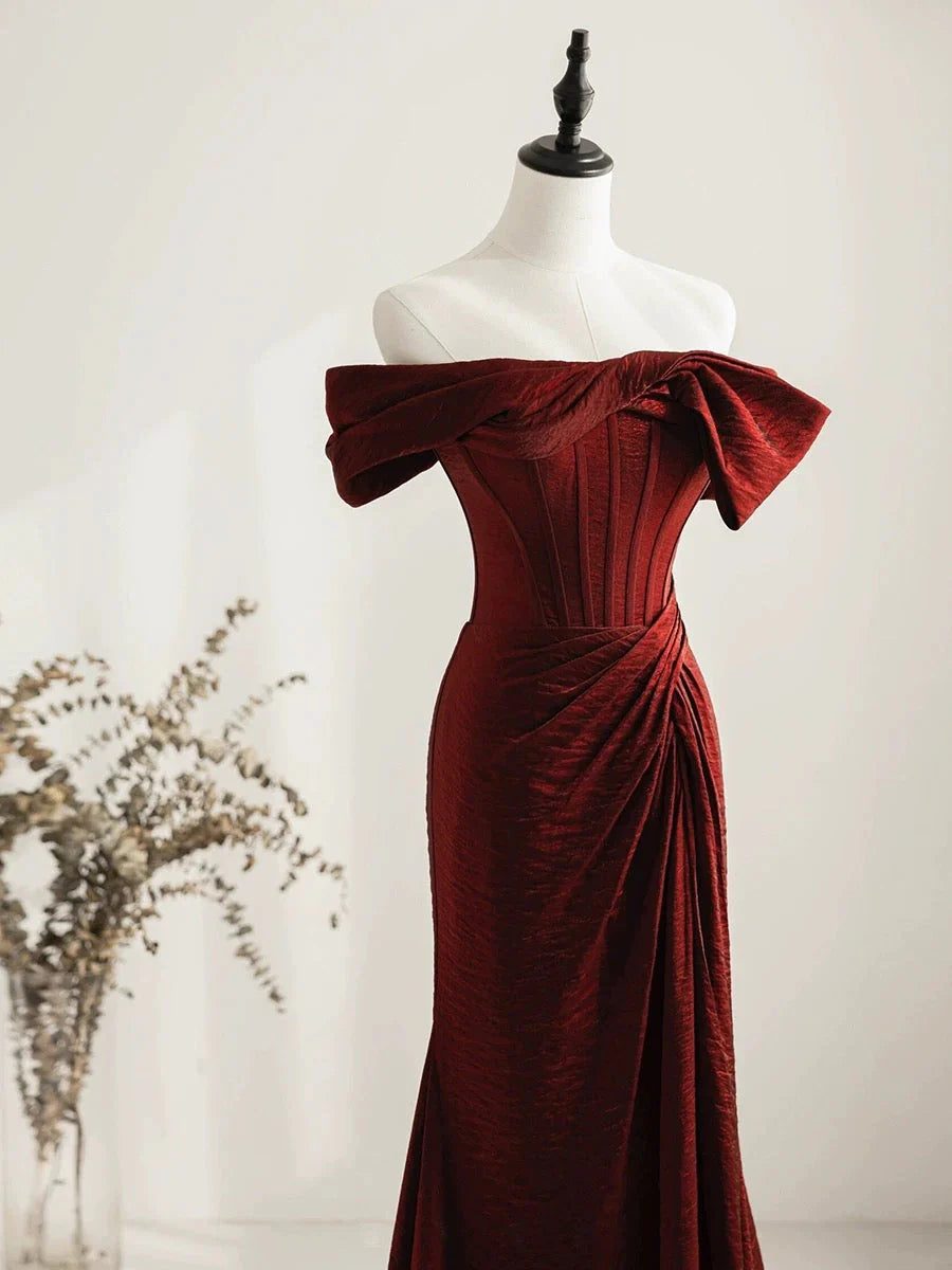 Classy Mermaid Off The Shoulder Burgundy Satin Slit Evening Dress Long Prom Dresses simple gentle atmospheric and unique desi Bring summer colors to enhance whiteness