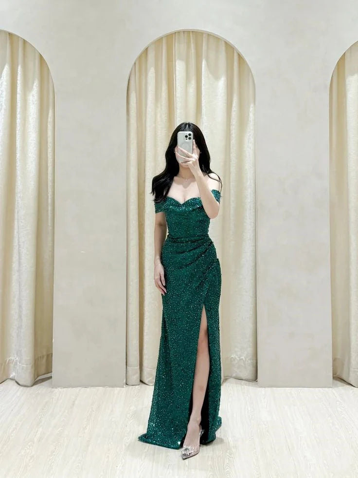 Classy Mermaid Off The Shoulder Dark Green Sequin Slit Long Prom Gown Summer Wedding Guest Dress Bridal Guest Dresses Wedding Outfits For Guest  simple gentle atmospheric and unique desi Bring summer colors to enhance whiteness