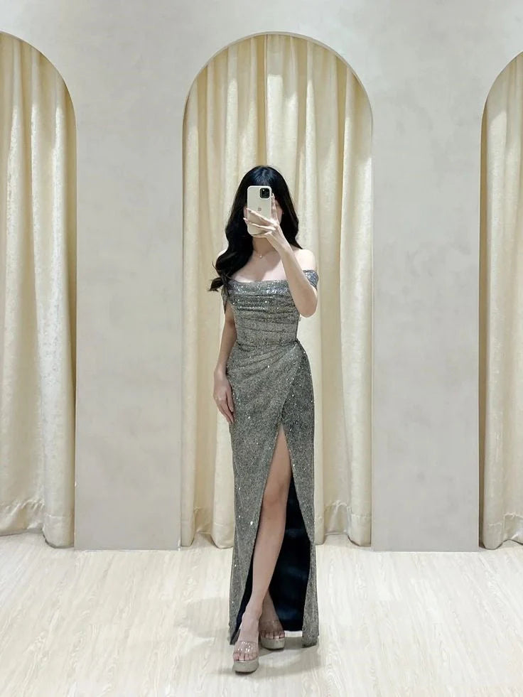 Classy Mermaid Off The Shoulder Gray Sequin Long Prom Dresses Formal Gown Summer Wedding Guest Dress Wedding Guest Attire  simple gentle atmospheric and unique desi Bring summer colors to enhance whiteness