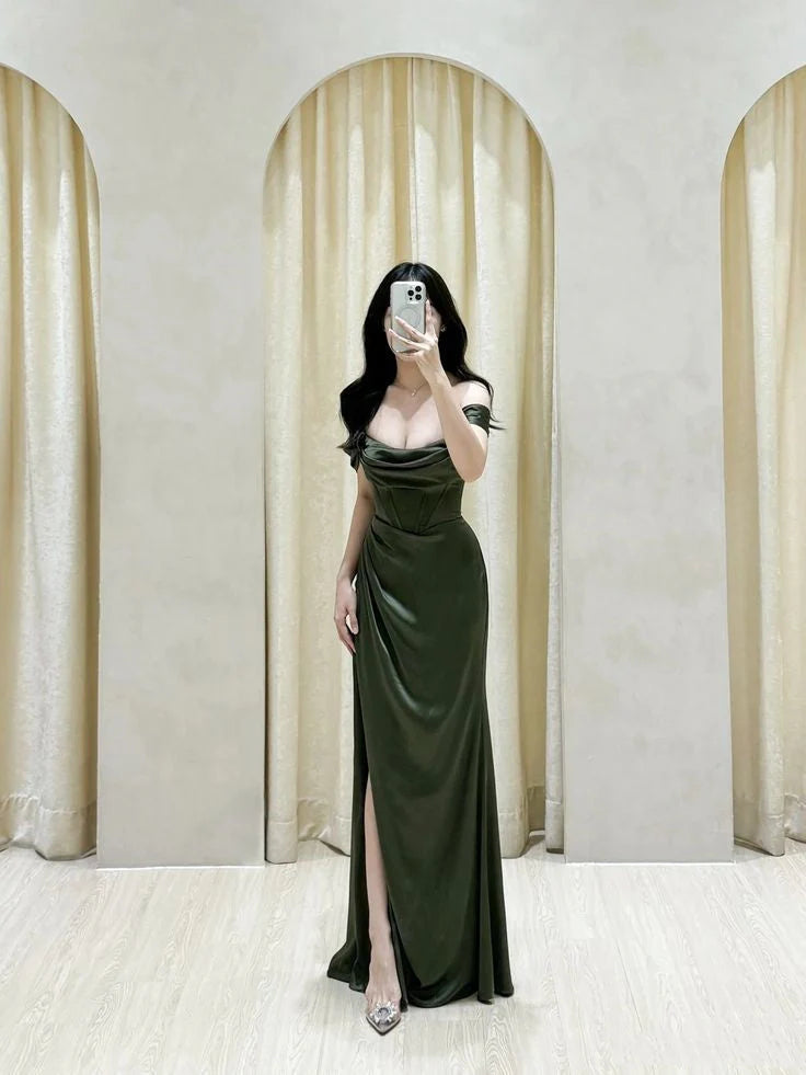 Classy Mermaid Off The Shoulder Green Slit Long Prom Gown Summer Wedding Guest Dress Bridal Guest Dresses Wedding Outfits For Guest simple gentle atmospheric and unique desi Bring summer colors to enhance whiteness