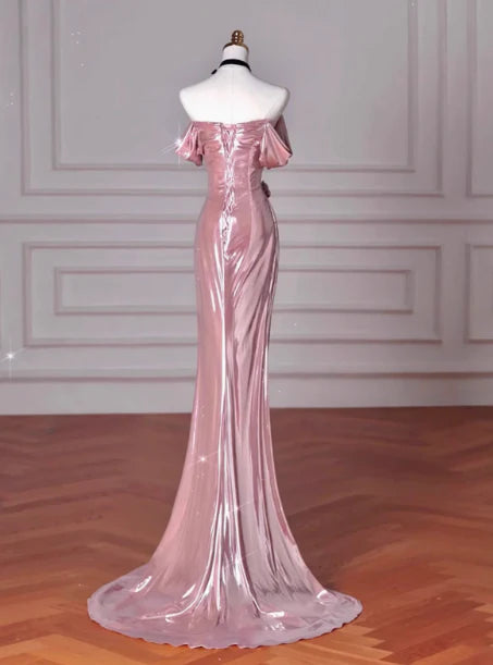 Classy Mermaid Off The Shoulder Pink Sequin Long Prom Dresses Formal Gown Summer Wedding Guest Dresses Wedding Guest Outfit  simple gentle atmospheric and unique desi Bring summer colors to enhance whiteness