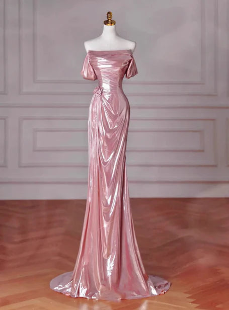 Classy Mermaid Off The Shoulder Pink Sequin Long Prom Dresses Formal Gown Summer Wedding Guest Dresses Wedding Guest Outfit  simple gentle atmospheric and unique desi Bring summer colors to enhance whiteness