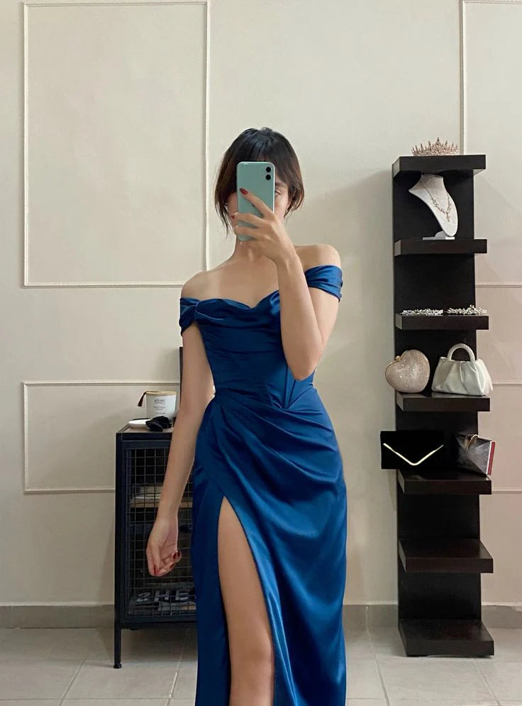 Classy Mermaid Off The Shoulder Royal Blue Slit Long Prom Gown Summer Wedding Guest Dress Bridal Guest Dresses Wedding Outfits For Guest simple gentle atmospheric and unique desi Bring summer colors to enhance whiteness