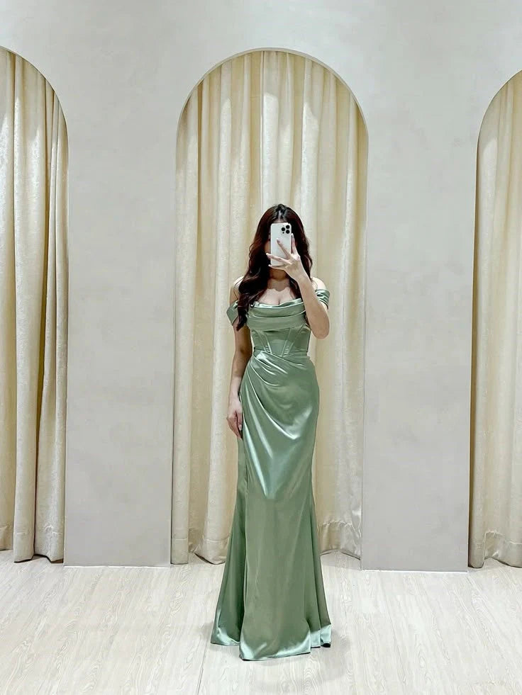 Classy Mermaid Off The Shoulder Sage Green Slit Ruffles Long Prom Gown Summer Wedding Guest Dress Bridal Guest Dresses Wedding Outfits For Guest simple gentle atmospheric and unique desi Bring summer colors to enhance whiteness